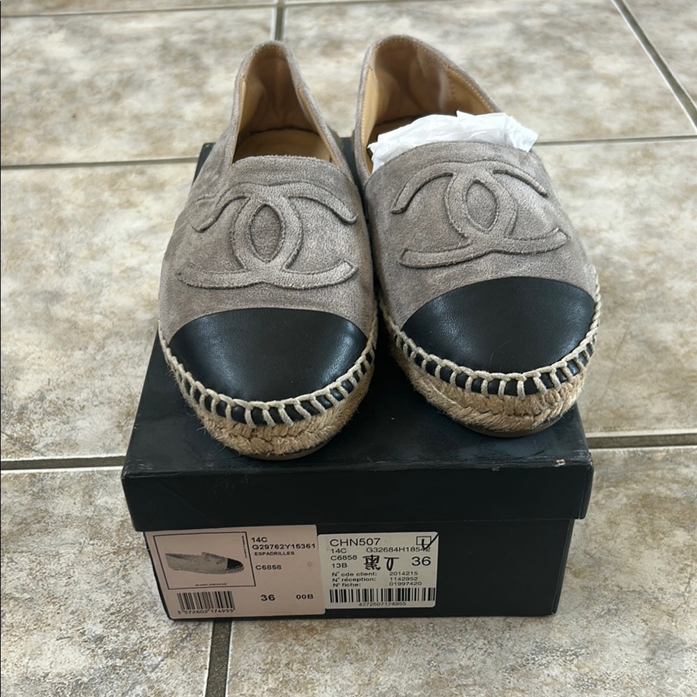 CHANEL Gray and Black Espadrilles with Iconic CC Logo
